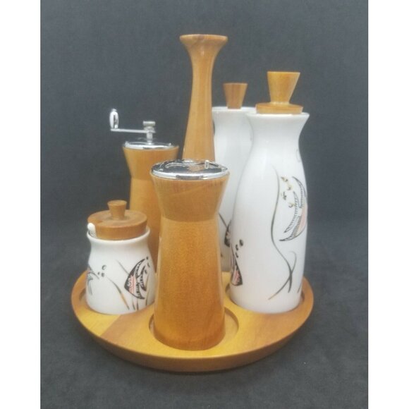 Woodpecker WoodWare Condiment Caddy Angel Fish Cruet Set Mid Century - Picture 2 of 12